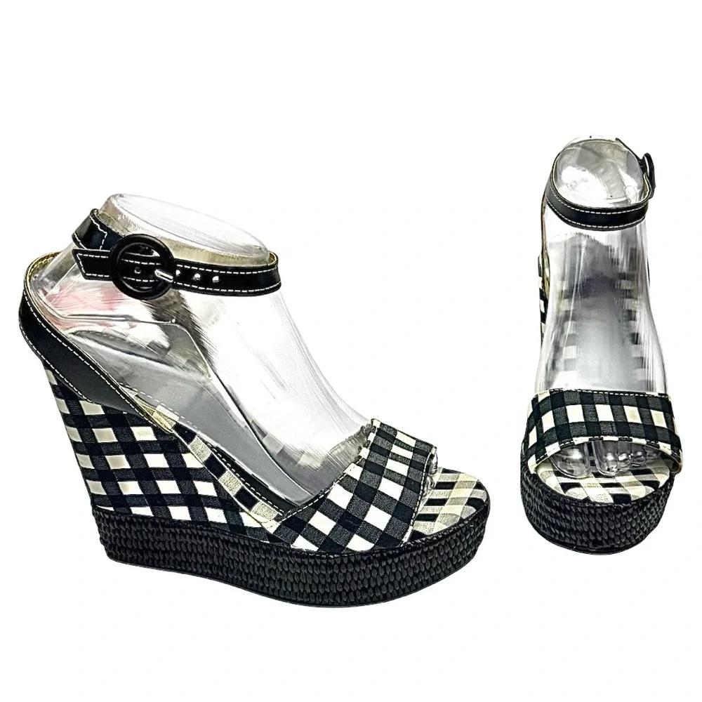 Save The Queen Wedge Sandals Black White Fabric Checks EU 37 US 7 Made In Italy